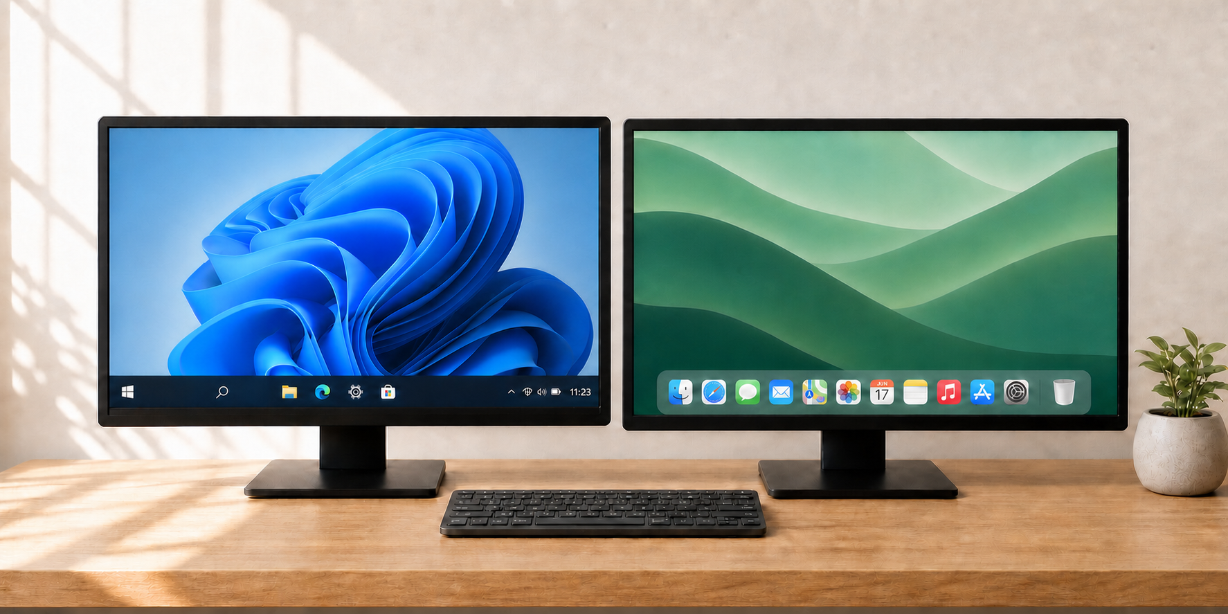 Windows画面とMac画面を並べた作業机